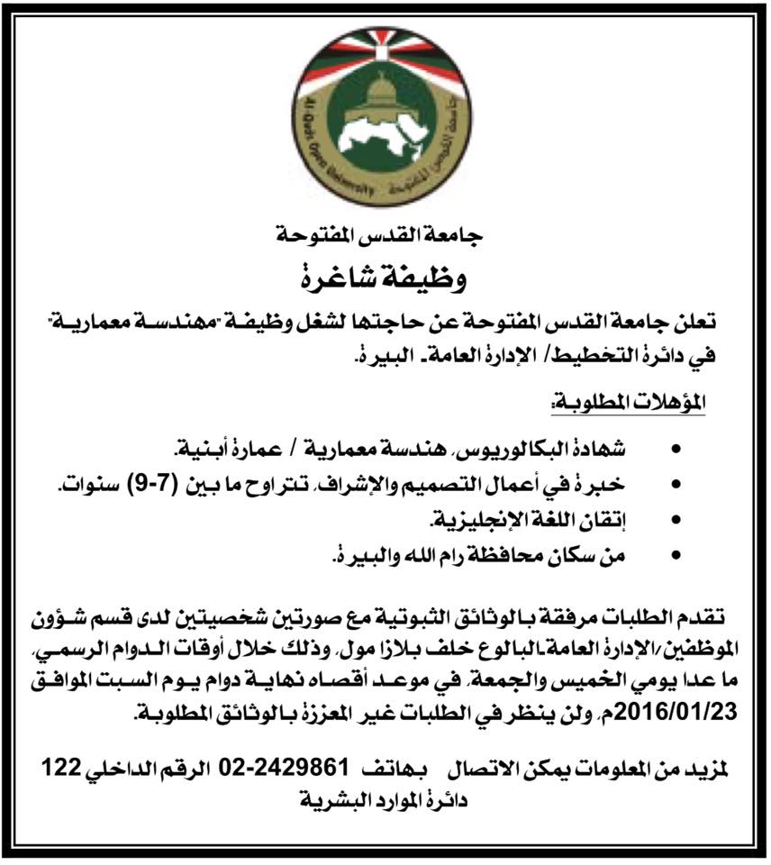 وظيفة شاغرة في جامعة القدس المفتوحة